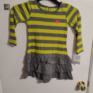 Carter's Grey & Neon Yellow Striped Ruffle Dress with Pink Heart
